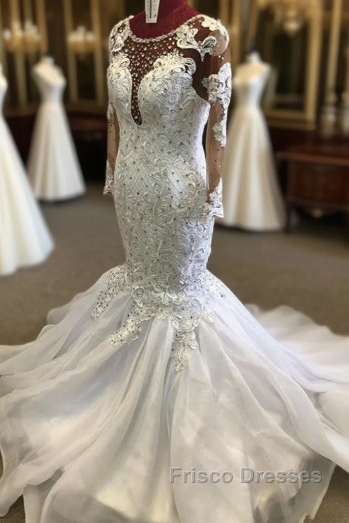 Beading Mermaid Sheer Tulle Wedding Dress Appliques Long Sleeves Bridal Dress