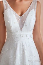 Beading Pearls Lace Floor Length Straps V-Back Backless White A-Line Wedding Dresses