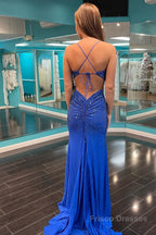 Beading Royal Blue Mermaid Prom Dress with Slit