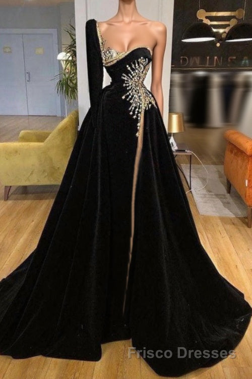 Beading Sweetheart A-line Black Formal Prom Dresses With One Sleeve