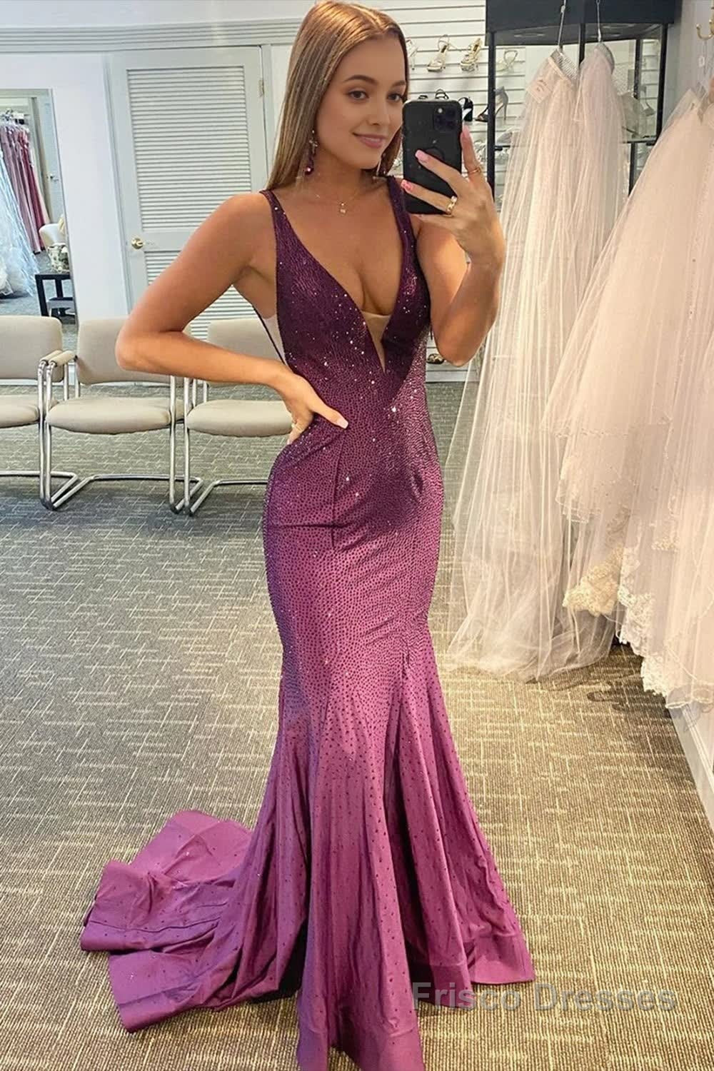 Beading V-neck Purple Mermaid Prom Dress Main image