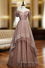 Bean Paste Color Tulle Off the Shoulder Beading Formal Prom Dress