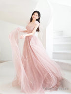 Bean Pink Tulle Long Prom Dress, A Line Tulle Formal Evening Dress