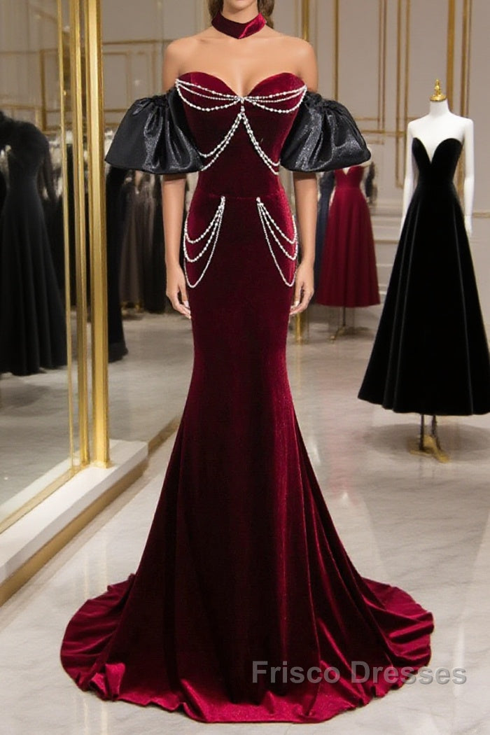 Beauiful Wine Red Off Shoulder Mermaid Long Formal Prom Dress, Wine Red Party Dress Main image