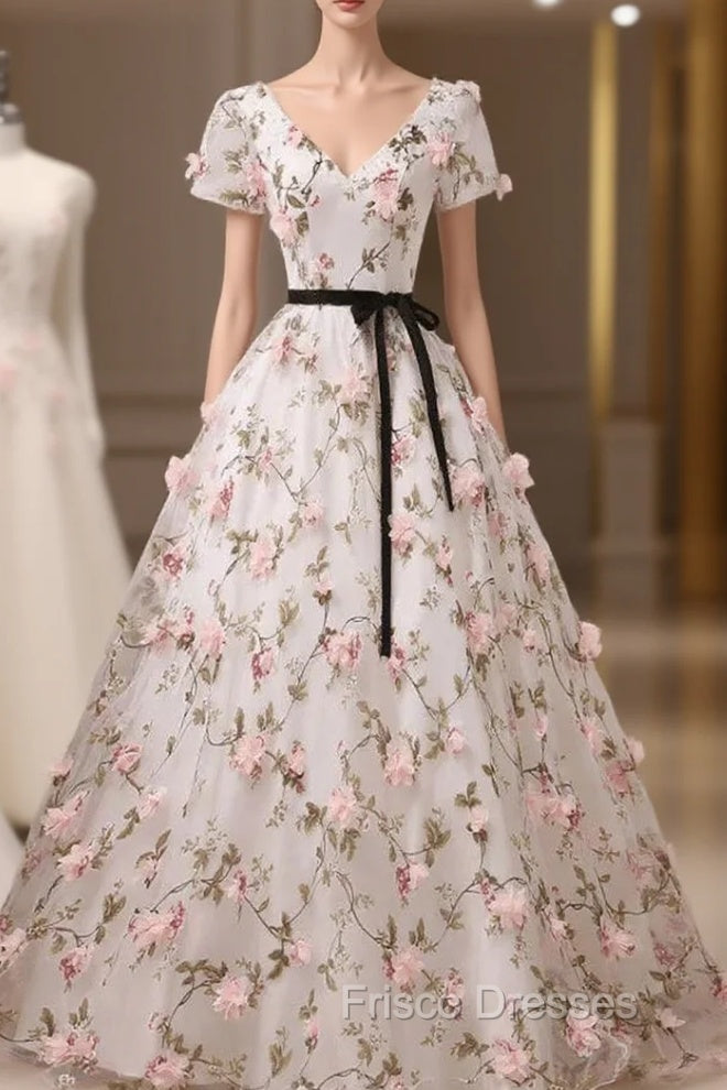 Beauitufl Floral V-Neck Lace Short Sleeve Flowers Long Formal Prom Dress Floral Party Dress Formal Prom Dress shops