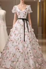 Beauitufl Floral V-Neck Lace Short Sleeve Flowers Long Formal Prom Dress Floral Party Dress Formal Prom Dress shops