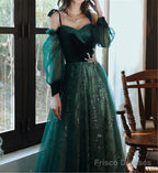 Beautful Dark Green Tulle Stunning Sequin Bridal Dress, Spaghetti Strap Prom Dress Wedding Party Dresses