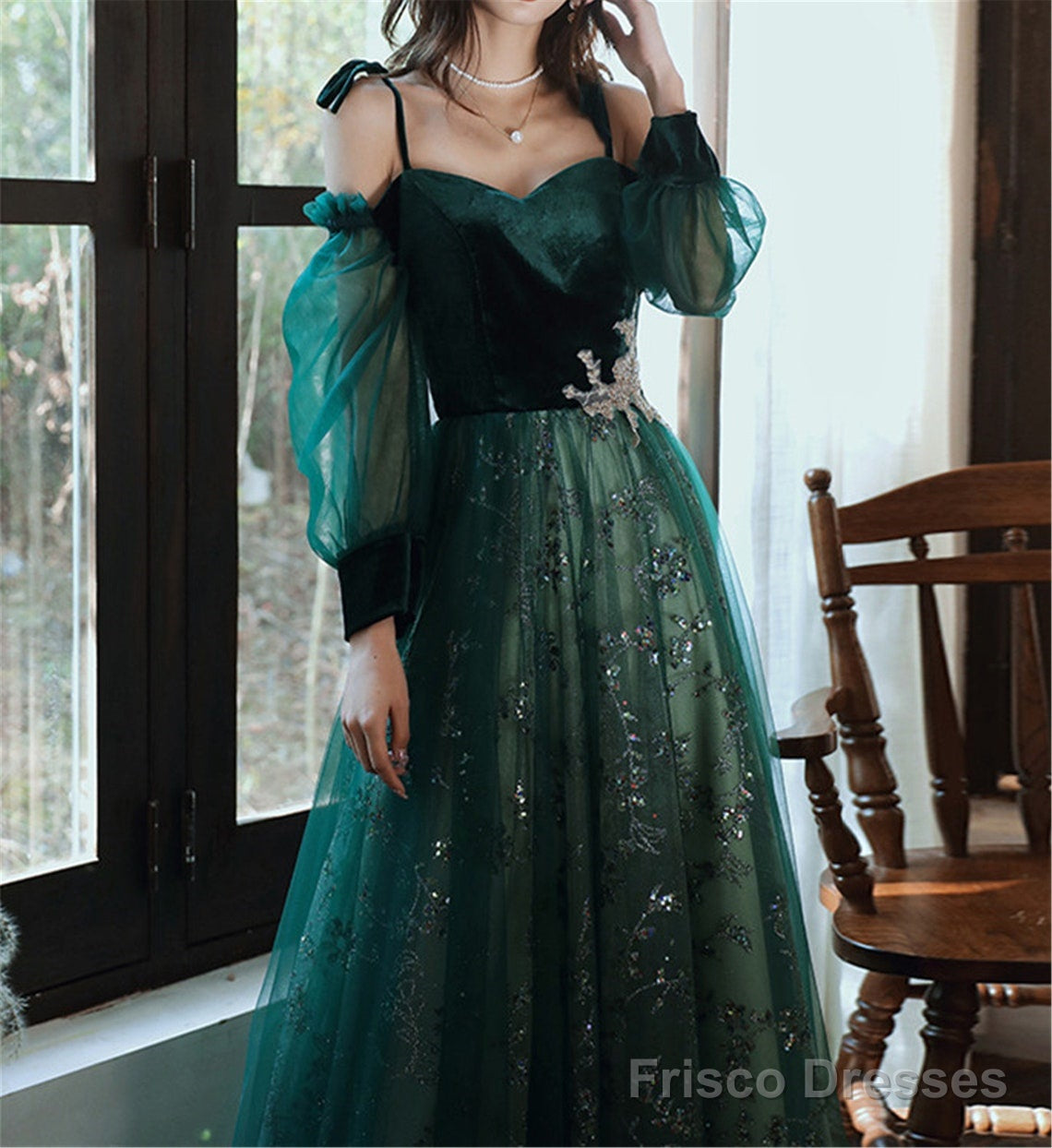 Beautful Dark Green Tulle Stunning Sequin Bridal Dress, Spaghetti Strap Prom Dress Wedding Party Dresses