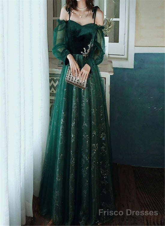 Beautful Dark Green Tulle Stunning Sequin Bridal Dress, Spaghetti Strap Prom Dress Wedding Party Dresses