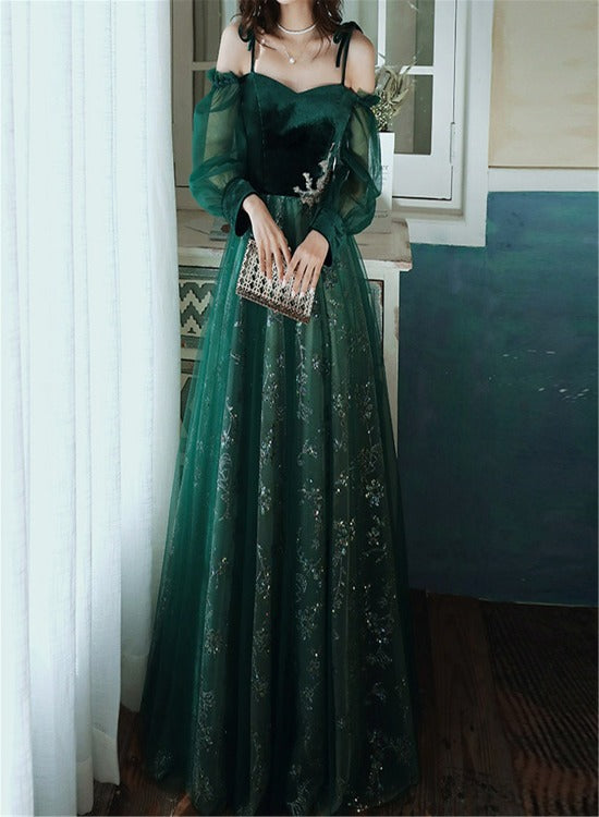 Beautful Dark Green Tulle Stunning Sequin Bridal Dress, Spaghetti Strap Prom Dress Wedding Party Dresses Main image