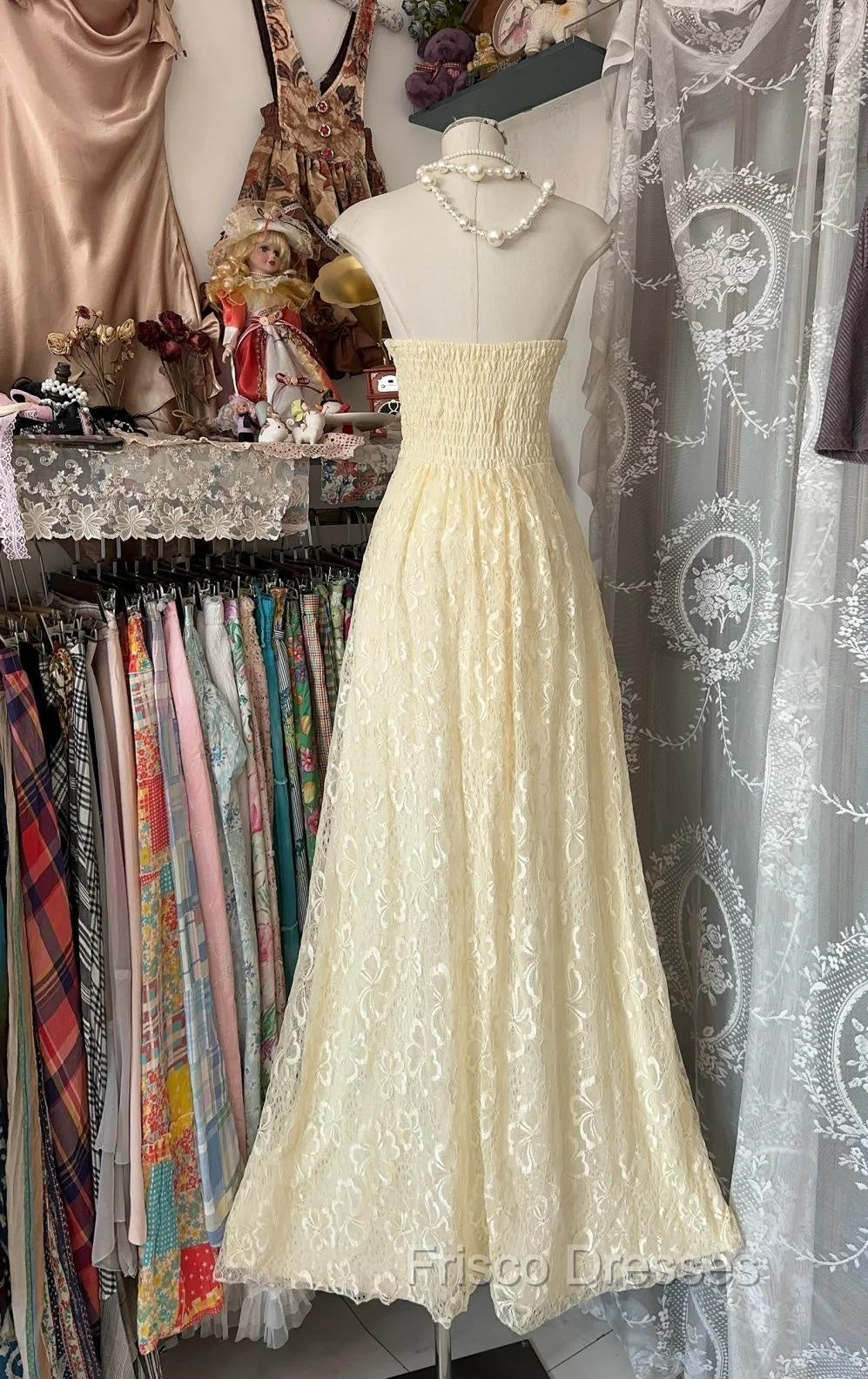 Beautiful A-Line Light Yellow Lace Strapless Formal Prom Dress Cute Birthday Party Dress