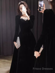 Beautiful A Line Long Sleeves Black Velvet Long Prom Dress