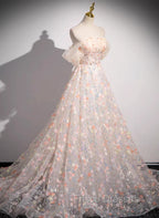 Beautiful A-Line Off Shoulder Flowers Lace Formal Dress, Long Formal Prom Dress