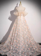 Beautiful A-Line Off Shoulder Flowers Lace Formal Dress, Long Formal Prom Dress