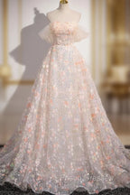 Beautiful A-Line Off Shoulder Flowers Lace Formal Dress, Long Formal Prom Dress