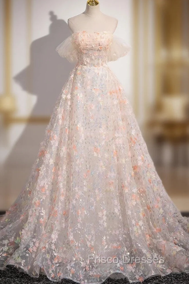 Beautiful A-Line Off Shoulder Flowers Lace Formal Dress, Long Formal Prom Dress