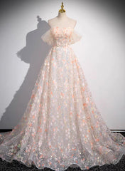 Beautiful A-Line Off Shoulder Flowers Lace Formal Dress, Long Prom Dress