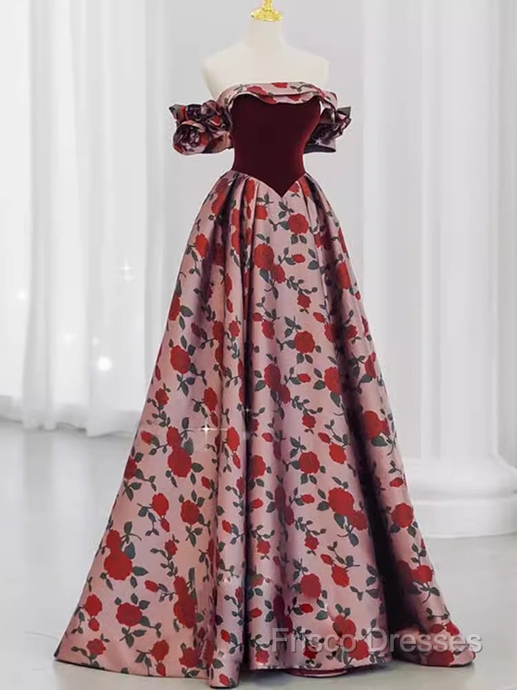Beautiful A Line Off The Shoulder Long Floral Formal Prom Dress
