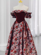 Beautiful A Line Off The Shoulder Long Floral Formal Prom Dress