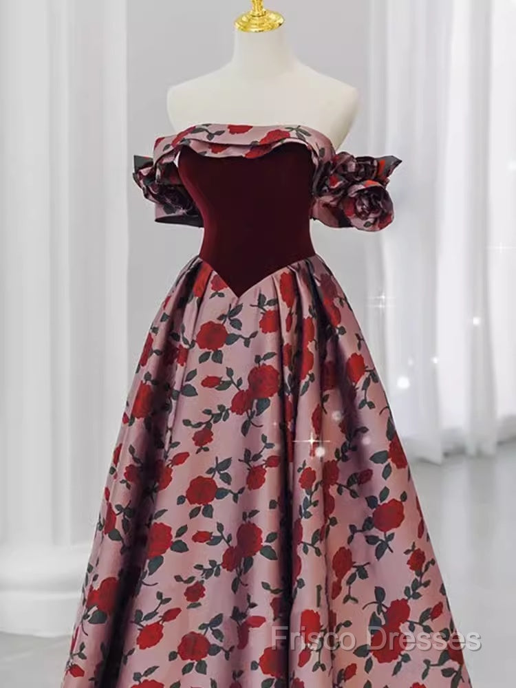 Beautiful A Line Off The Shoulder Long Floral Formal Prom Dress