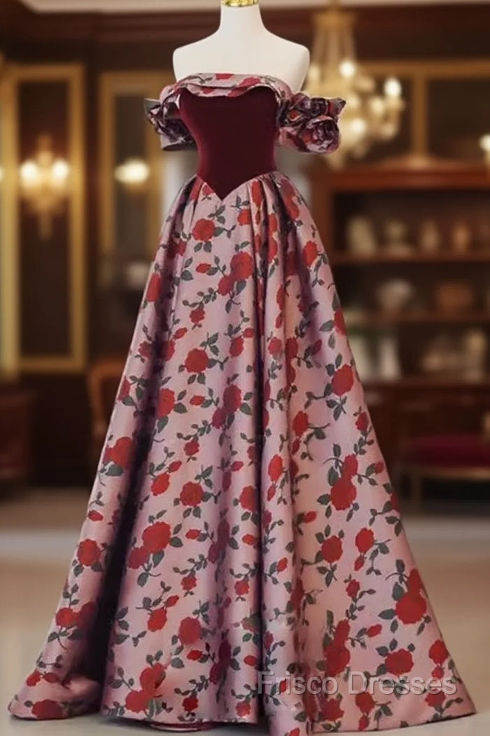 Beautiful A Line Off The Shoulder Long Floral Formal Prom Dress Main image