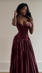 Beautiful A Line Spaghetti Straps Burgundy Long Satin Party Dresses Prom Dress