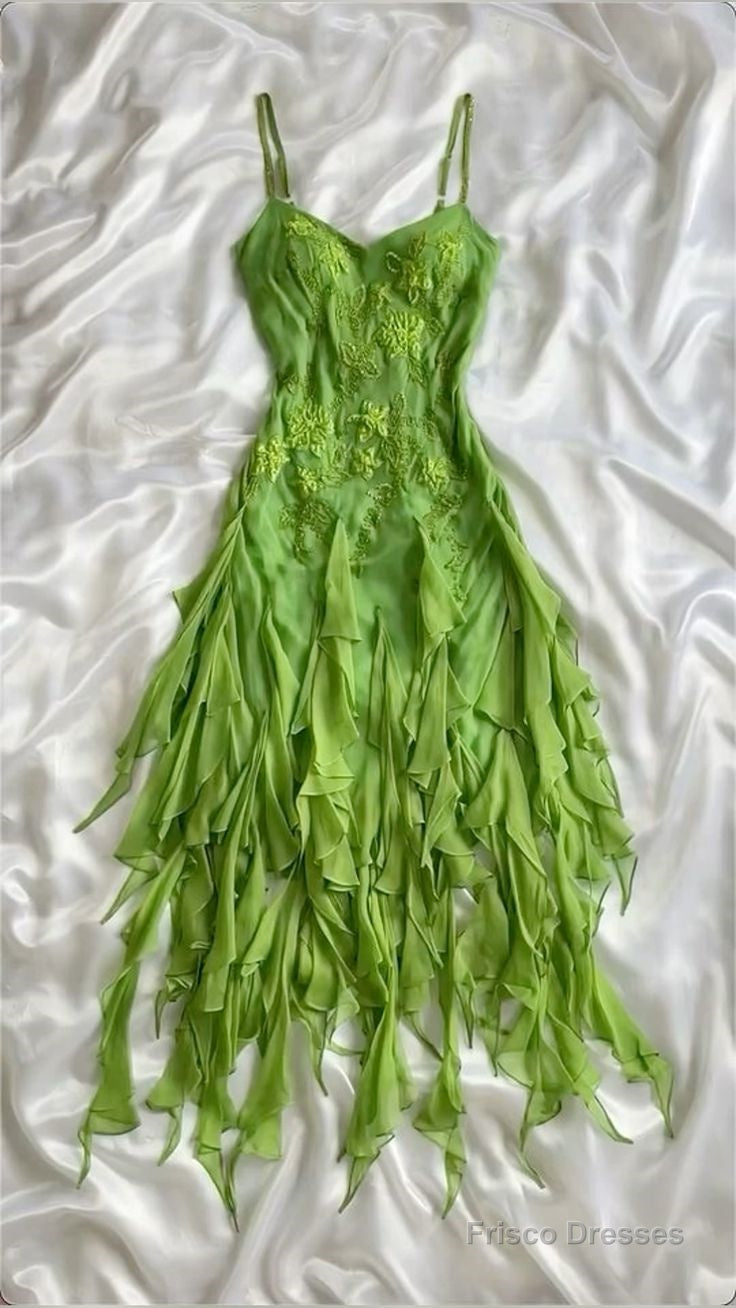 Beautiful A Line Spaghetti Straps Green Chiffon Prom Dress With Ruffles