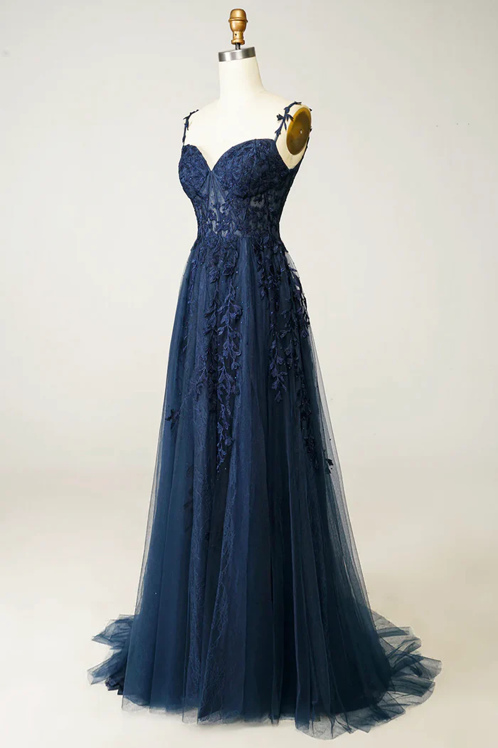 Beautiful A line Spaghetti Straps Navy Blue Lace Prom Dresses Formal Dress