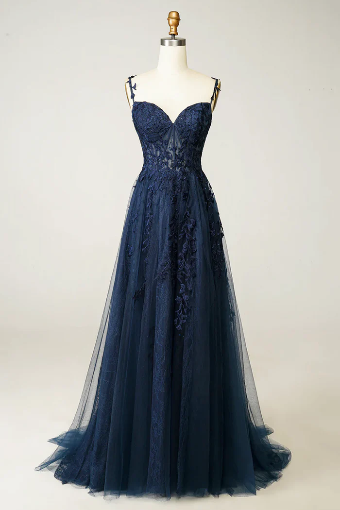 Beautiful A line Spaghetti Straps Navy Blue Lace Prom Dresses Formal Dress Main image