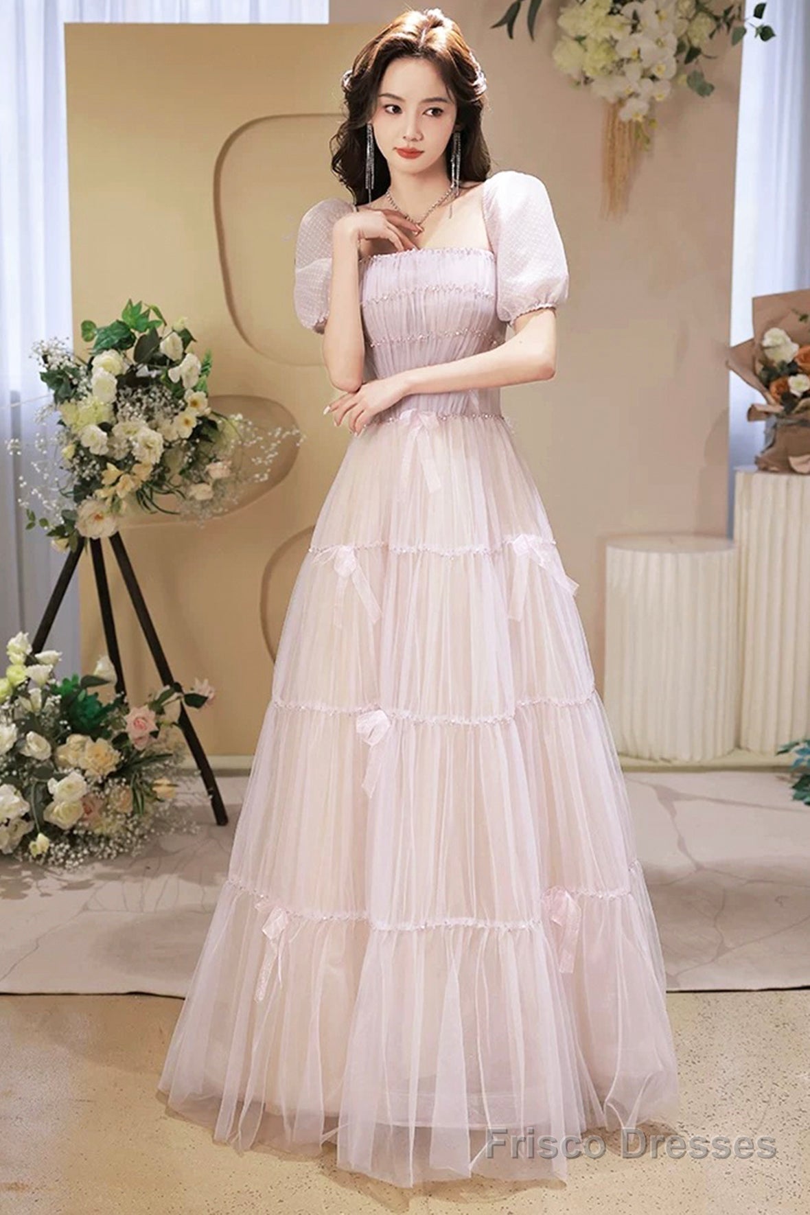 Beautiful A-Line Tulle Long Prom Dress, A-Line Short Sleeve Evening Party Dress Secondary image