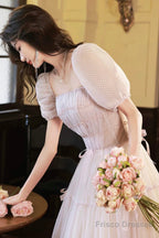 Beautiful A-Line Tulle Long Prom Dress, A-Line Short Sleeve Evening Party Dress