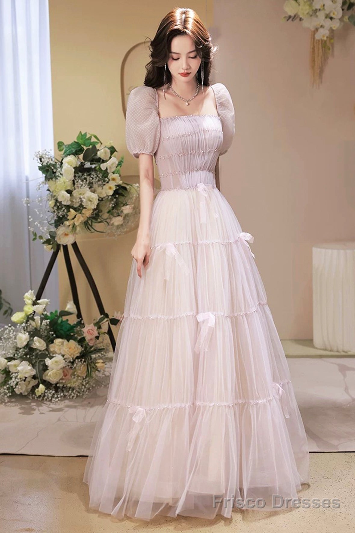 Beautiful A-Line Tulle Long Prom Dress, A-Line Short Sleeve Evening Party Dress Main image