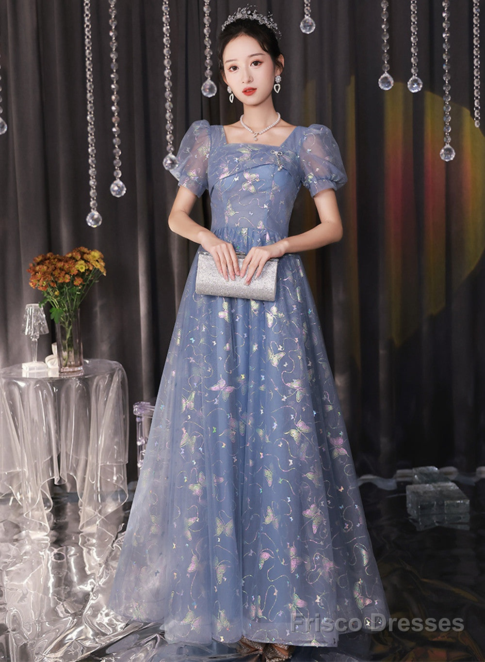 Beautiful A-Line Tulle Short Sleeves Formal Dress, Lovely Tulle Long Formal Dress Prom Dress Main image
