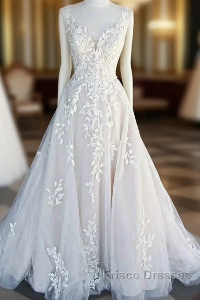 Beautiful A-Line V-Neck Floor Sweeping Skirt With Lace Wedding Dress Main image