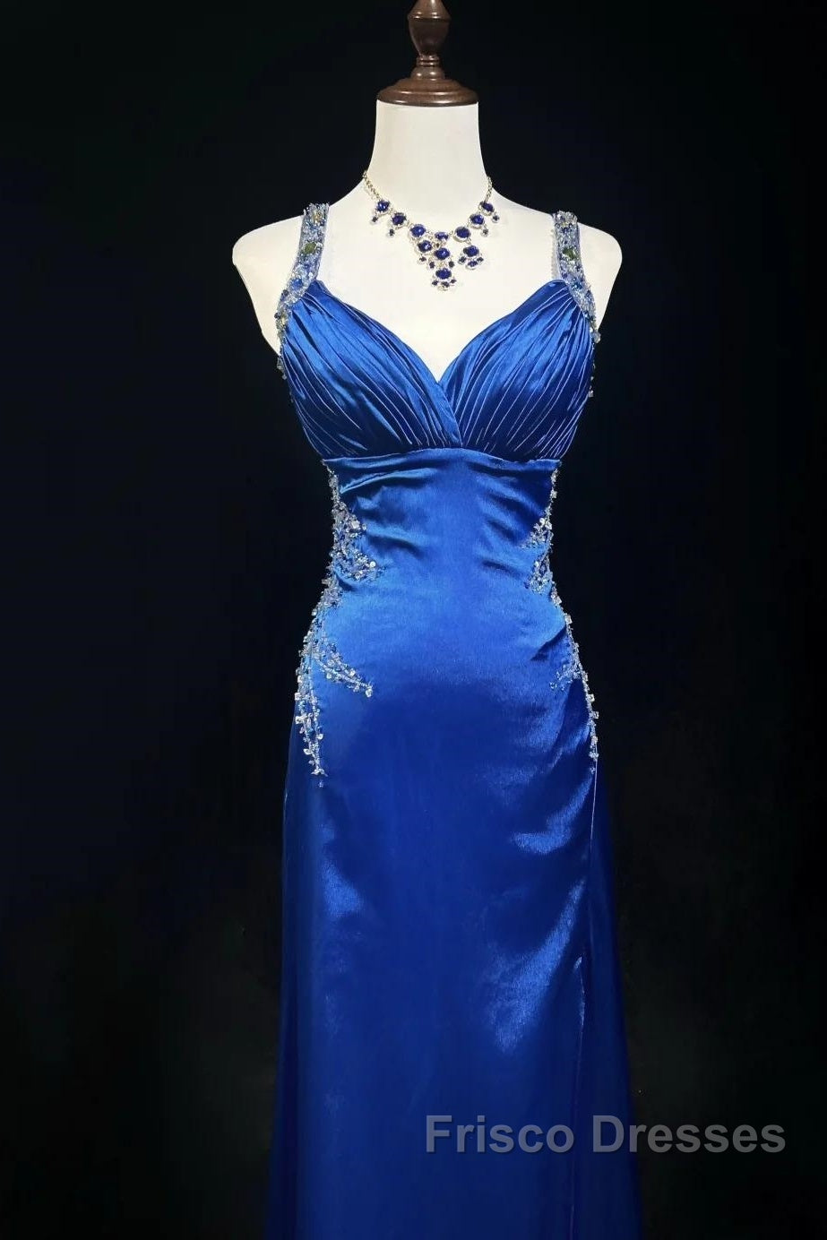 Beautiful Backless Beaded Satin Sheath Royal Blue Long Formal Prom Dress Formal Evening Gown Secondary image