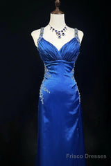 Beautiful Backless Beaded Satin Sheath Royal Blue Long Prom Dress Formal Evening Gown