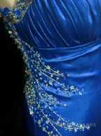 Beautiful Backless Beaded Satin Sheath Royal Blue Long Formal Prom Dress Formal Evening Gown
