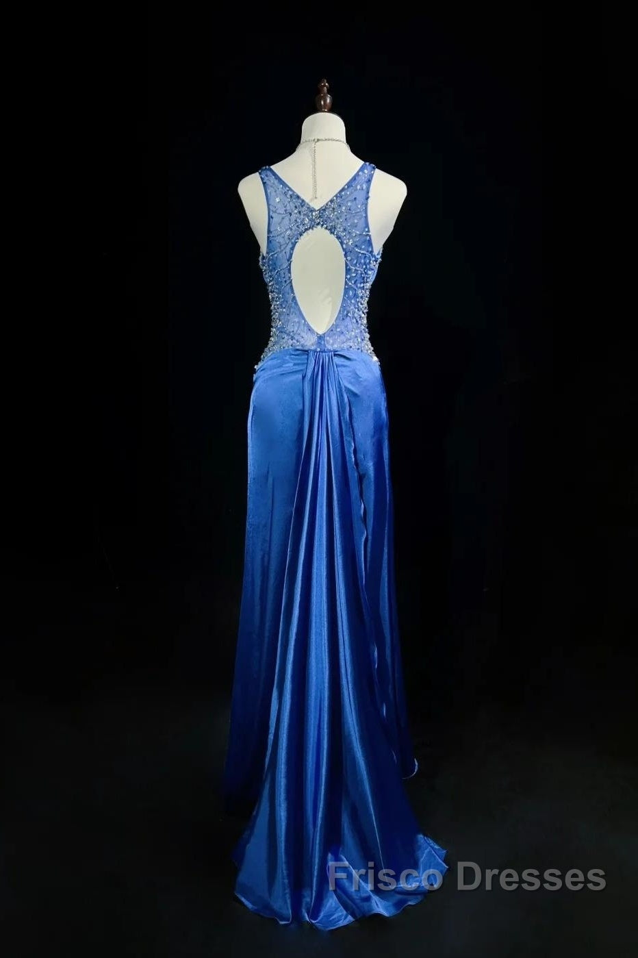 Beautiful Backless Beaded Satin Sheath Royal Blue Long Formal Prom Dress Formal Evening Gown