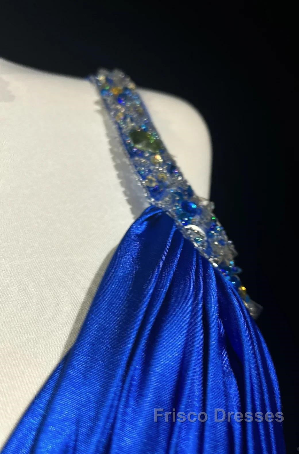 Beautiful Backless Beaded Satin Sheath Royal Blue Long Formal Prom Dress Formal Evening Gown