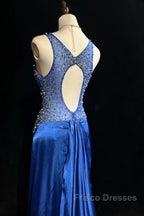 Beautiful Backless Beaded Satin Sheath Royal Blue Long Formal Prom Dress Formal Evening Gown