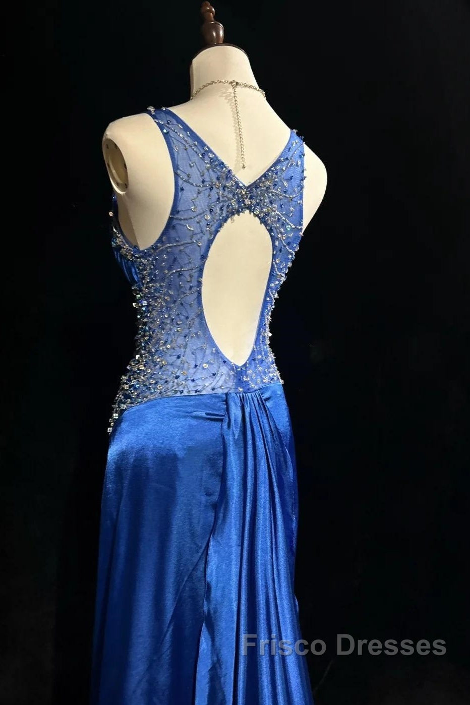 Beautiful Backless Beaded Satin Sheath Royal Blue Long Formal Prom Dress Formal Evening Gown