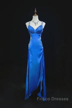 Beautiful Backless Beaded Satin Sheath Royal Blue Long Formal Prom Dress Formal Evening Gown