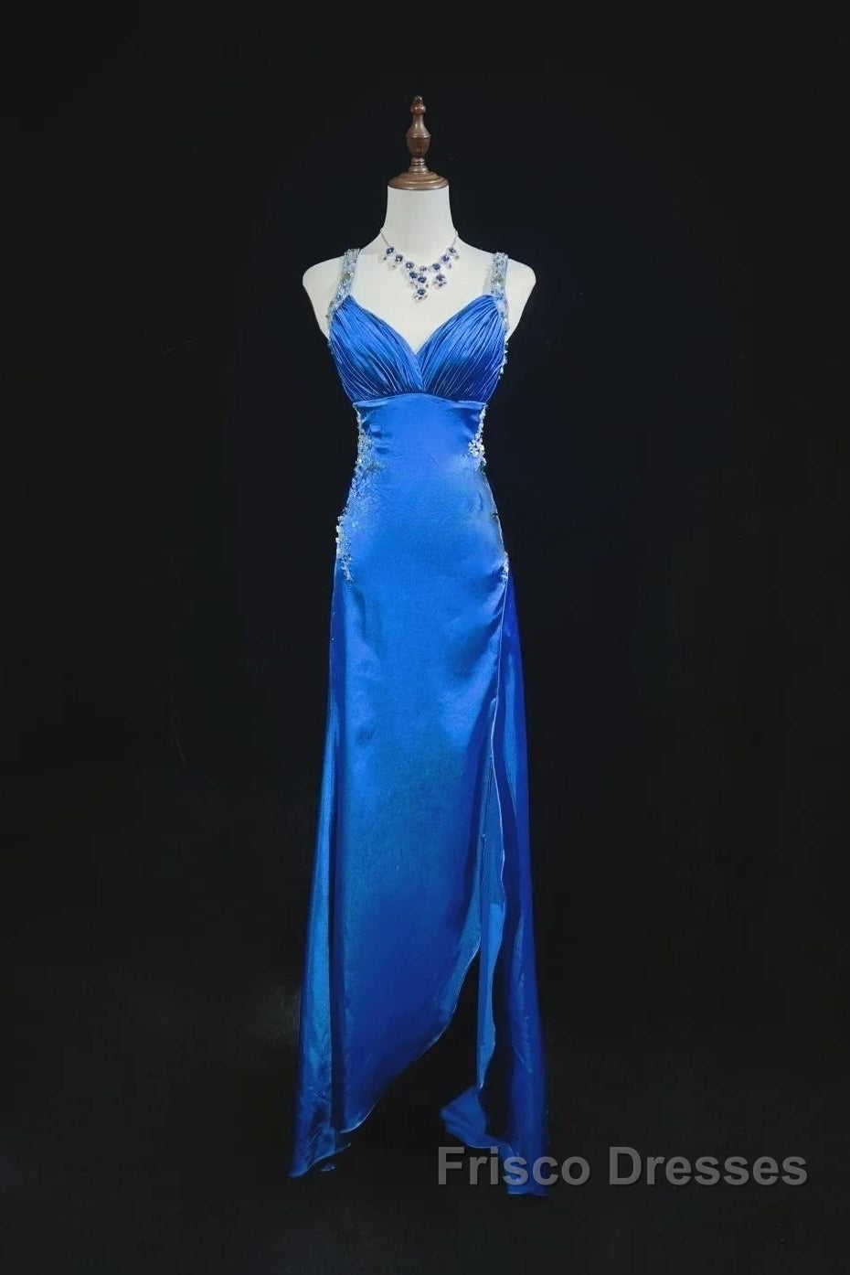 Beautiful Backless Beaded Satin Sheath Royal Blue Long Formal Prom Dress Formal Evening Gown