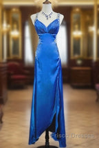 Beautiful Backless Beaded Satin Sheath Royal Blue Long Formal Prom Dress Formal Evening Gown