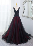 Beautiful Black And Red V-Neckline Tulle Beaded Formal Dress, A-Line Prom Dress