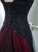 Beautiful Black And Red V-Neckline Tulle Beaded Formal Dress, A-Line Prom Dress