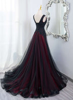 Beautiful Black And Red V-Neckline Tulle Beaded Formal Dress, A-Line Prom Dress