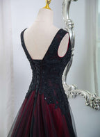 Beautiful Black And Red V-Neckline Tulle Beaded Formal Dress, A-Line Prom Dress