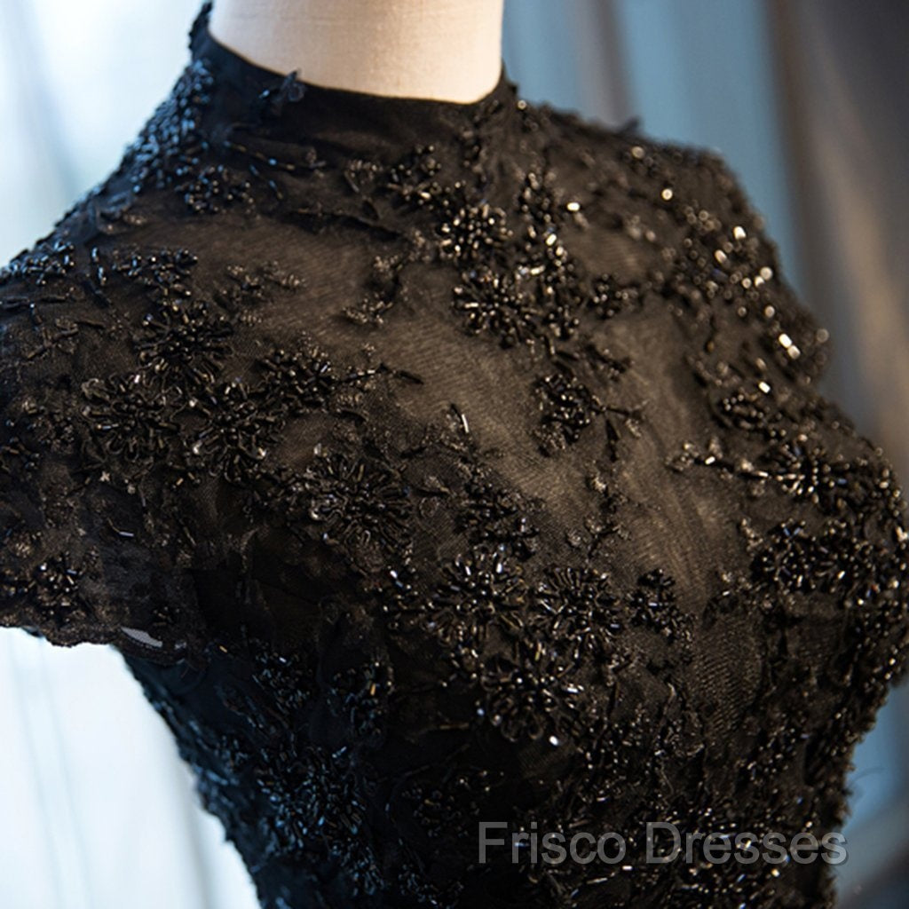 Beautiful Black Cap Sleeves Long Tulle Party Dress, Black Formal Prom Dress Secondary image