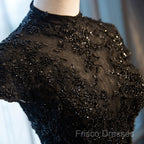 Beautiful Black Cap Sleeves Long Tulle Party Dress, Black Formal Prom Dress